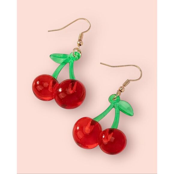 NWT Red Cherries Green Leaf Fun Fruit Dangle Drop Earrings - Picture 5 of 5